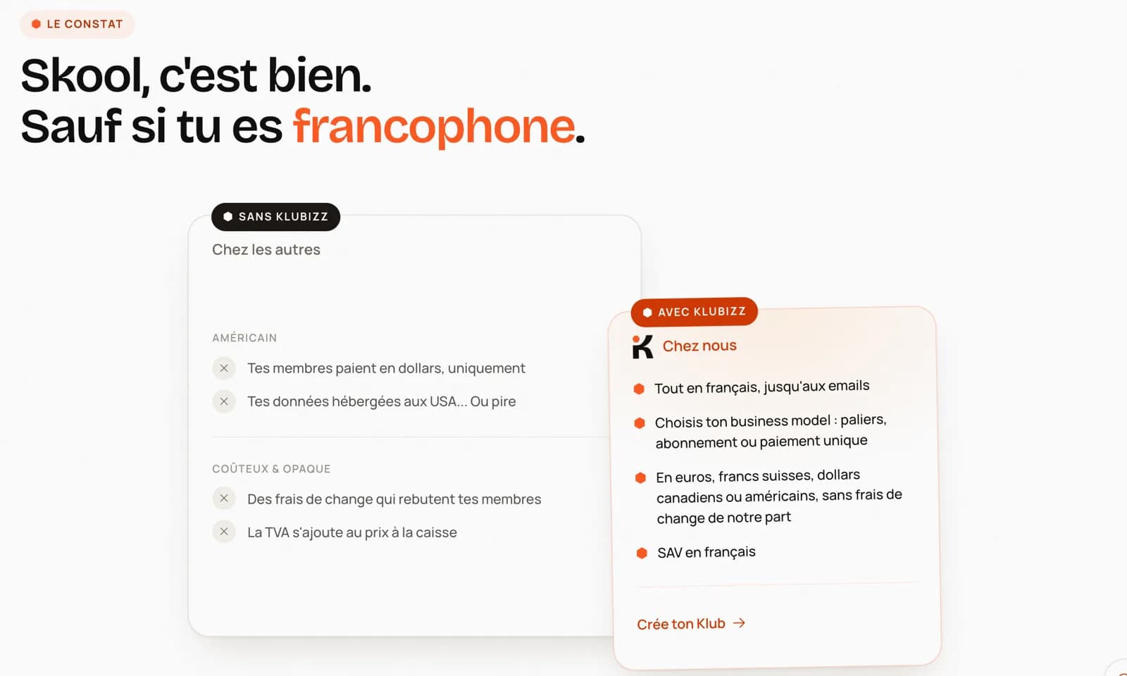 Comparatif Klubizz : paiement en dollars et données aux USA chez les autres, tout en français et quatre devises chez Klubizz