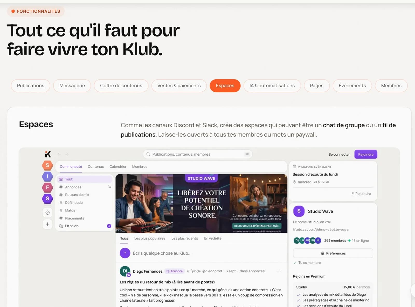 Fonctionnalités de Klubizz : publications, messagerie, coffre de contenus, ventes, espaces, IA, pages, événements et membres